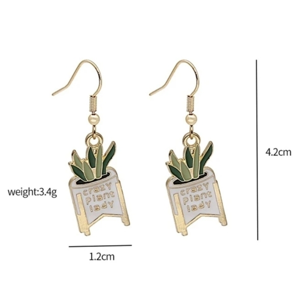 Crazy Plant Lady Potted Succulent Charm Drop Earrings in White and Green NWT - Picture 4 of 4